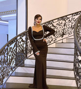 2025 New Spring Women Long Sleeve Square Collar Sparkly Crystal Bodycon Long Bandage Dress Celebrate Evening Party Outfit